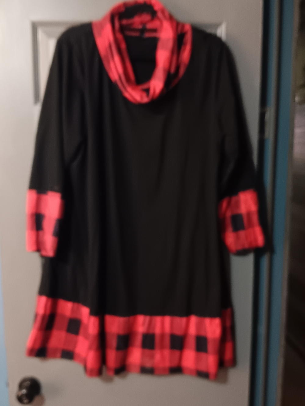 Black and Red Plaid Trim Women Dress with Cowl Neck
